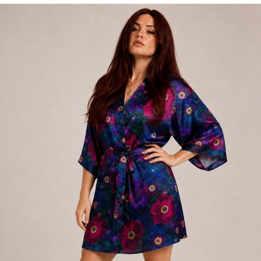 Vintage 80s California Miss Floral Satin Kimono Robe Purple Pink medium